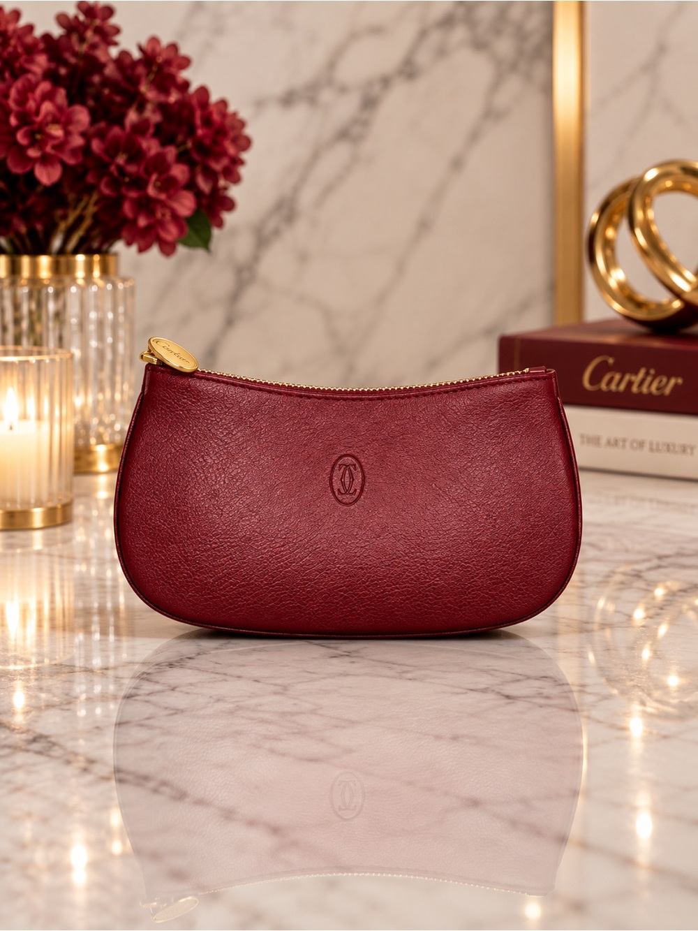 Cartier Bordeaux Leather Zip Pouch Must de Cartier Cosmetic Case Full Inclusion